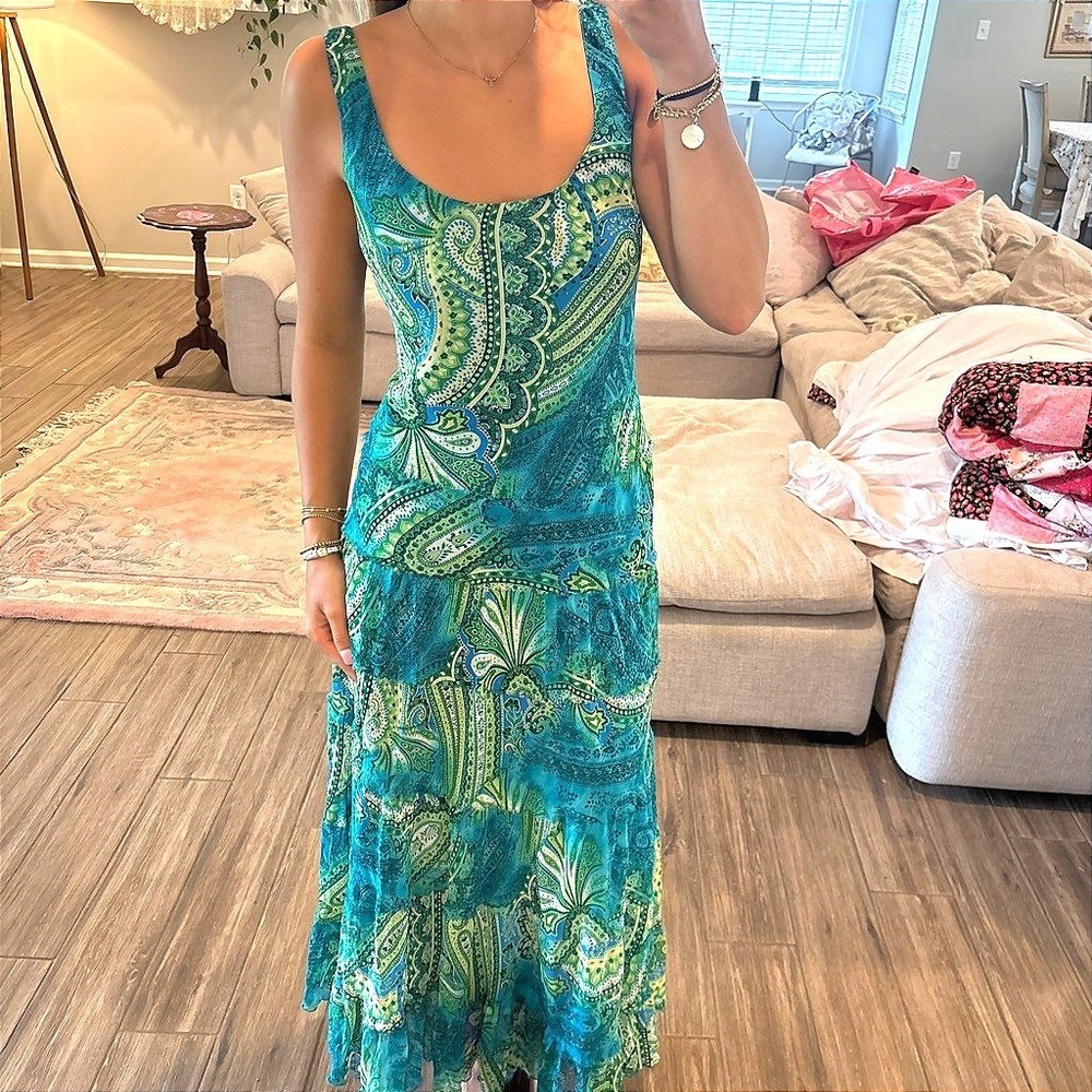 y2k Jones New York Dress Paisley Maxi Teal Green Excellent Tiered Sleeveless 6